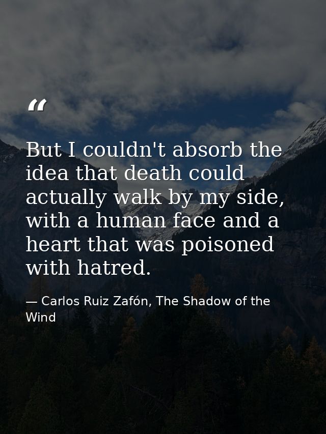 But I couldn't absorb the idea that death could actually walk by my side, with a human face and a heart that was poisone — Carlos Ruiz Zafón, The Shadow of the Wind