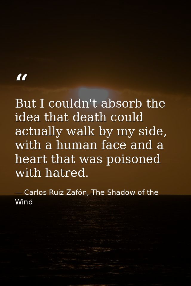 But I couldn't absorb the idea that death could actually walk by my side, with a human face and a heart that was poisone — Carlos Ruiz Zafón, The Shadow of the Wind