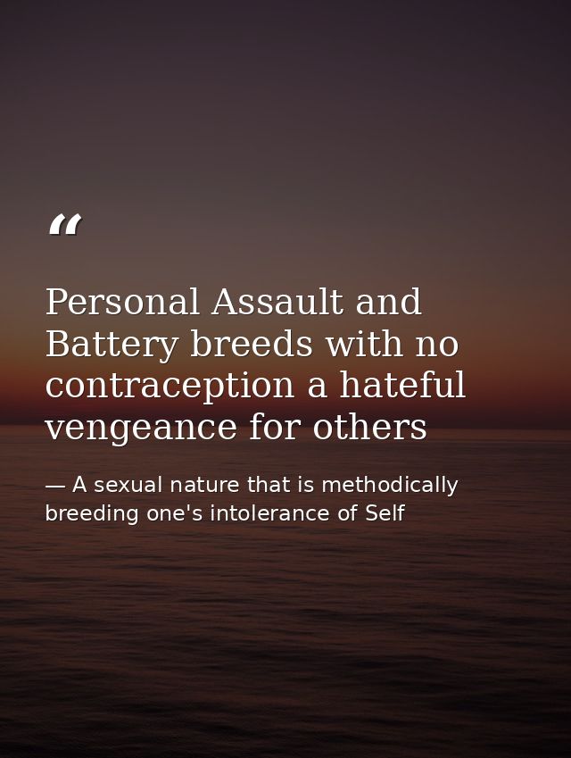 Personal Assault and Battery breeds with no contraception a hateful vengeance for others — A sexual nature that is methodically breeding one's intolerance of Self