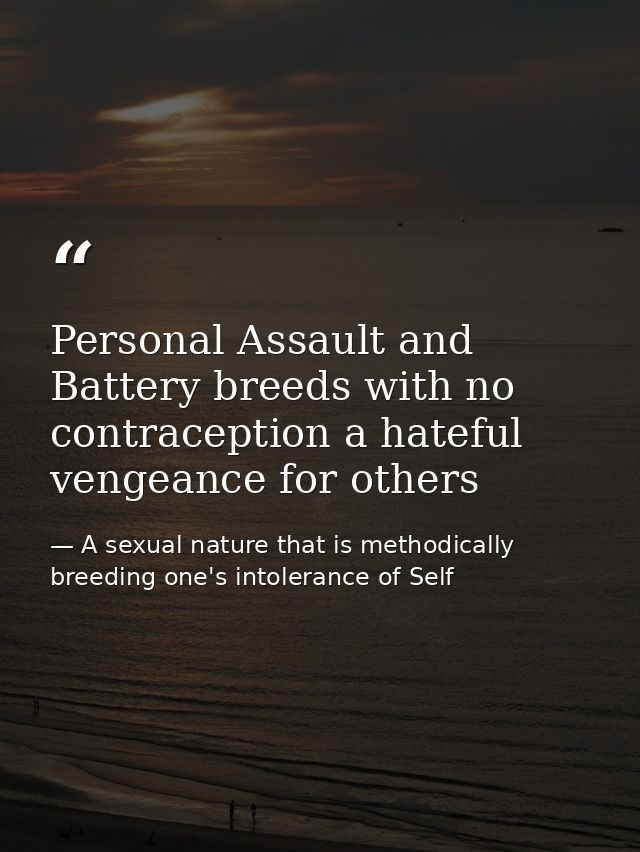 Personal Assault and Battery breeds with no contraception a hateful vengeance for others — A sexual nature that is methodically breeding one's intolerance of Self