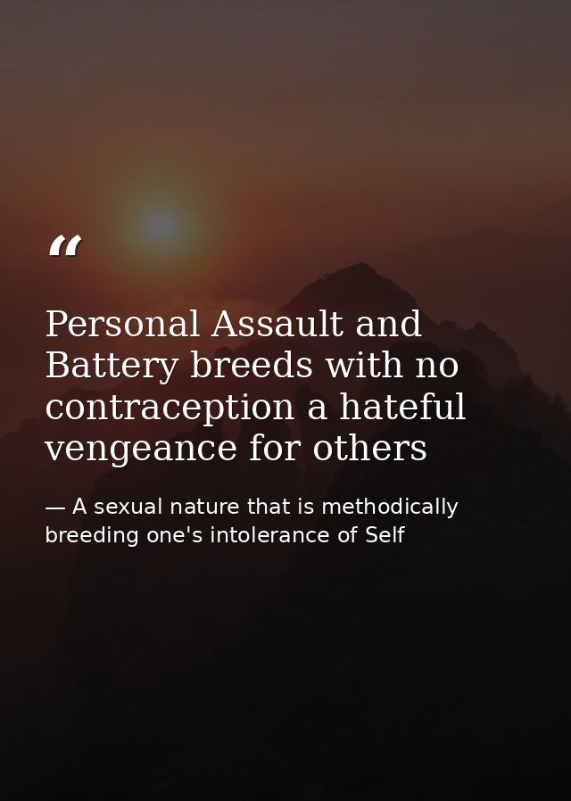 Personal Assault and Battery breeds with no contraception a hateful vengeance for others — A sexual nature that is methodically breeding one's intolerance of Self
