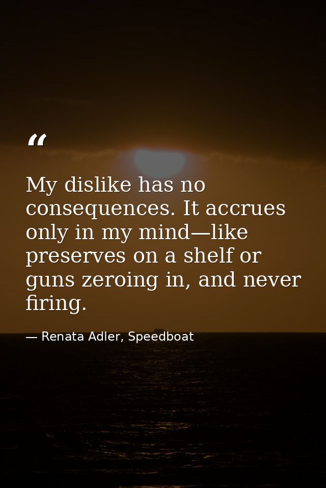 My dislike has no consequences. It accrues only in my mind—like preserves on a shelf or guns zeroing in, and never firin — Renata Adler, Speedboat