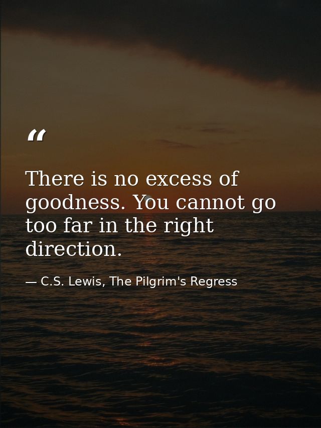 There is no excess of goodness. You cannot go too far in the right direction. — C.S. Lewis, The Pilgrim's Regress