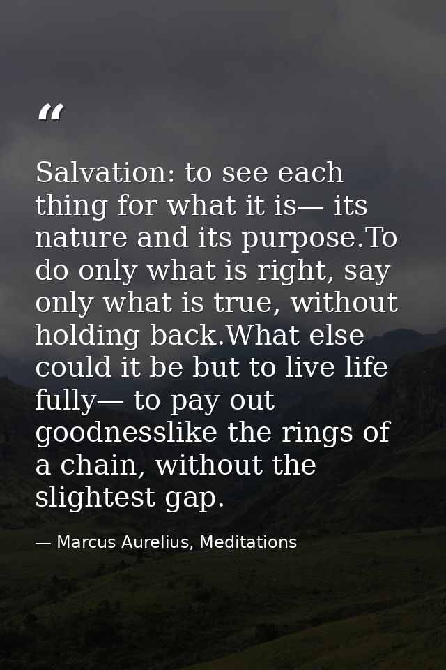 Salvation: to see each thing for what it is— its nature and its purpose.To do only what is right, say only what is true, — Marcus Aurelius, Meditations