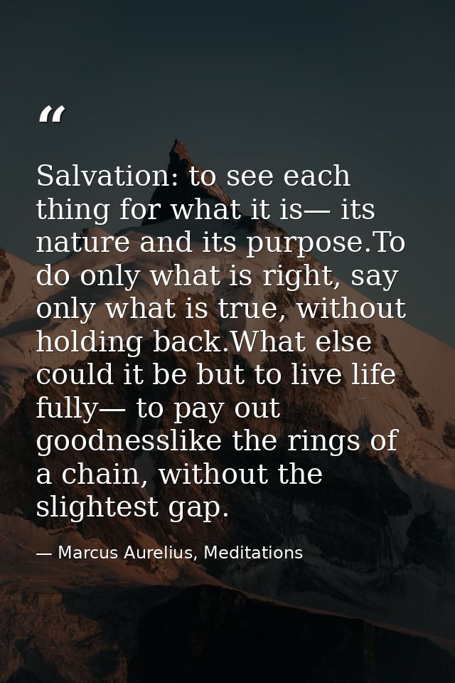 Salvation: to see each thing for what it is— its nature and its purpose.To do only what is right, say only what is true, — Marcus Aurelius, Meditations