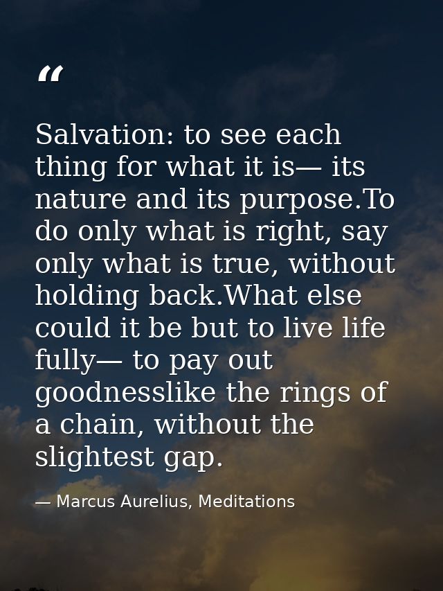 Salvation: to see each thing for what it is— its nature and its purpose.To do only what is right, say only what is true, — Marcus Aurelius, Meditations