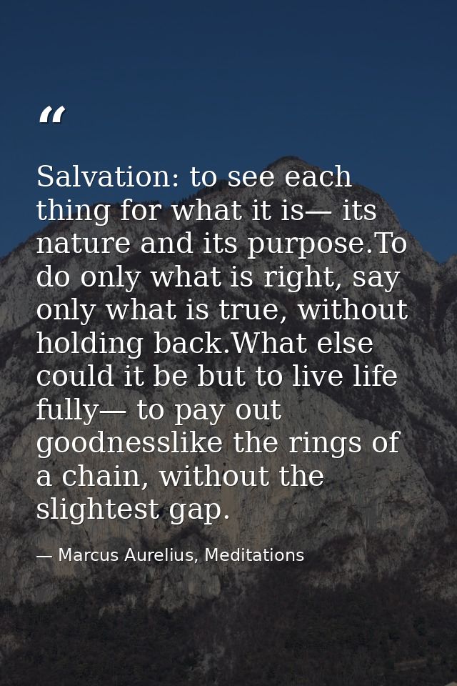 Salvation: to see each thing for what it is— its nature and its purpose.To do only what is right, say only what is true, — Marcus Aurelius, Meditations