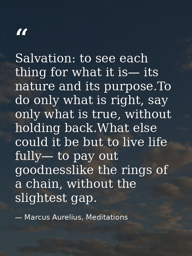 Salvation: to see each thing for what it is— its nature and its purpose.To do only what is right, say only what is true, — Marcus Aurelius, Meditations