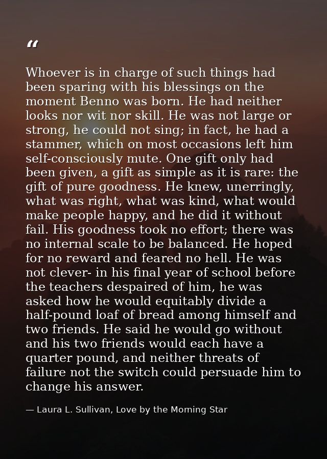 Whoever is in charge of such things had been sparing with his blessings on the moment Benno was born. He had neither loo — Laura L. Sullivan, Love by the Morning Star