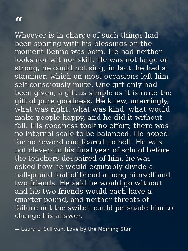 Whoever is in charge of such things had been sparing with his blessings on the moment Benno was born. He had neither loo — Laura L. Sullivan, Love by the Morning Star