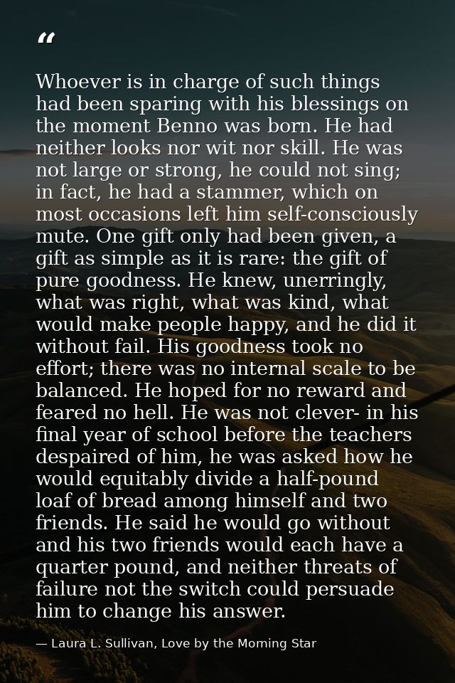 Whoever is in charge of such things had been sparing with his blessings on the moment Benno was born. He had neither loo — Laura L. Sullivan, Love by the Morning Star