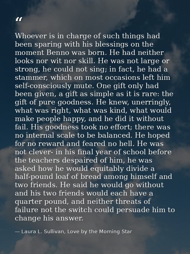Whoever is in charge of such things had been sparing with his blessings on the moment Benno was born. He had neither loo — Laura L. Sullivan, Love by the Morning Star