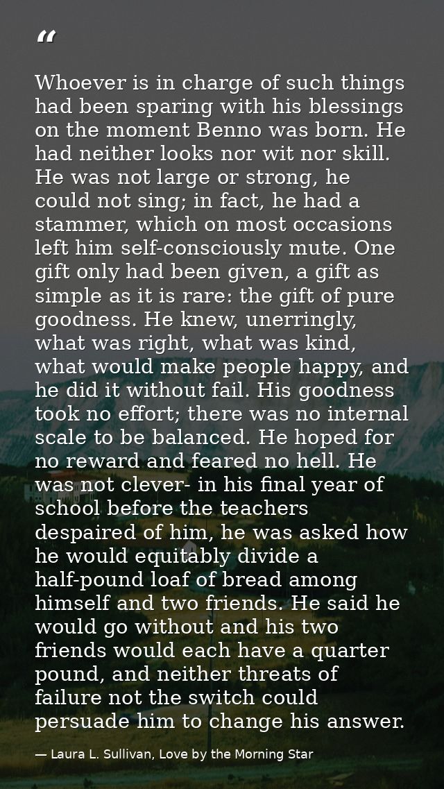 Whoever is in charge of such things had been sparing with his blessings on the moment Benno was born. He had neither loo — Laura L. Sullivan, Love by the Morning Star