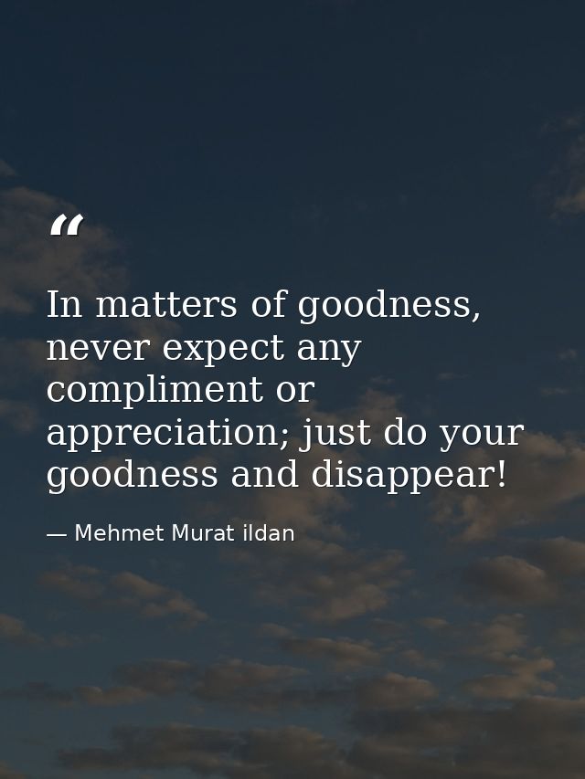 In matters of goodness, never expect any compliment or appreciation; just do your goodness and disappear! — Mehmet Murat ildan