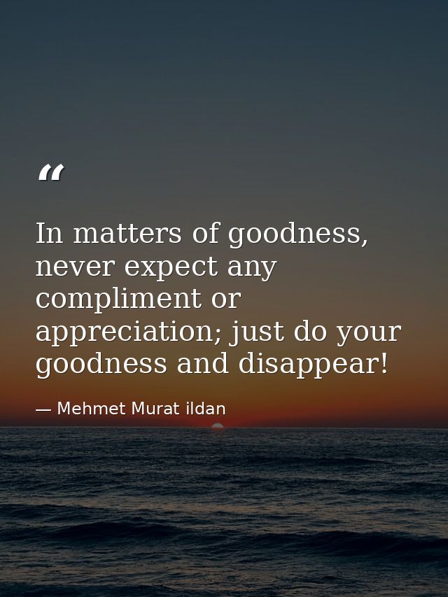 In matters of goodness, never expect any compliment or appreciation; just do your goodness and disappear! — Mehmet Murat ildan