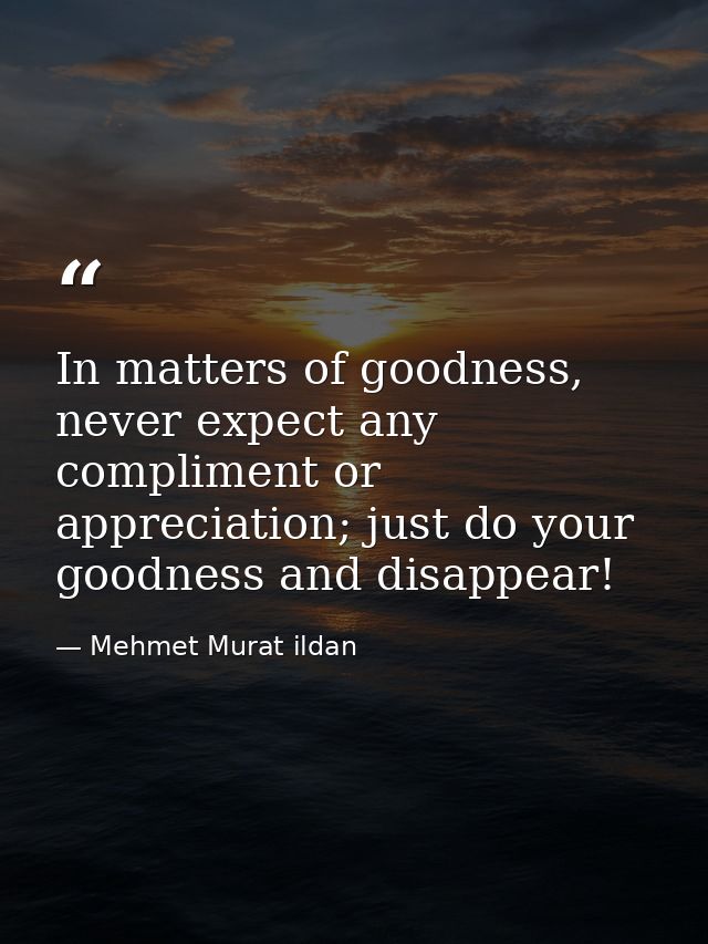 In matters of goodness, never expect any compliment or appreciation; just do your goodness and disappear! — Mehmet Murat ildan