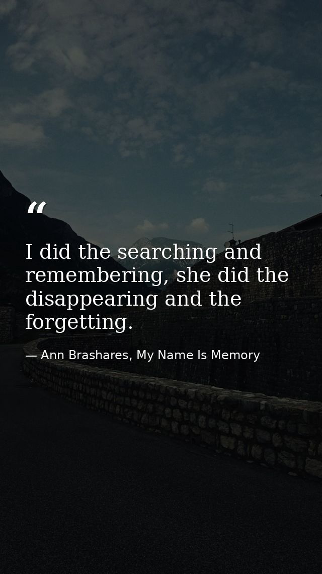 I did the searching and remembering, she did the disappearing and the forgetting. — Ann Brashares, My Name Is Memory