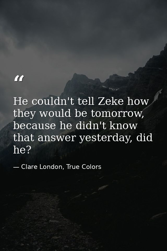 He couldn't tell Zeke how they would be tomorrow, because he didn't know that answer yesterday, did he? — Clare London, True Colors