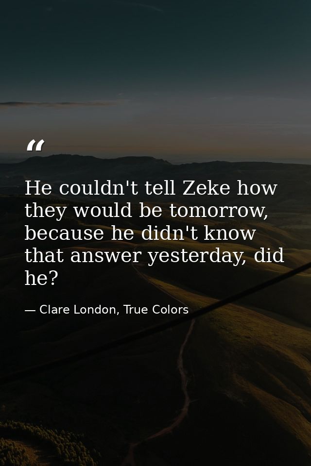 He couldn't tell Zeke how they would be tomorrow, because he didn't know that answer yesterday, did he? — Clare London, True Colors