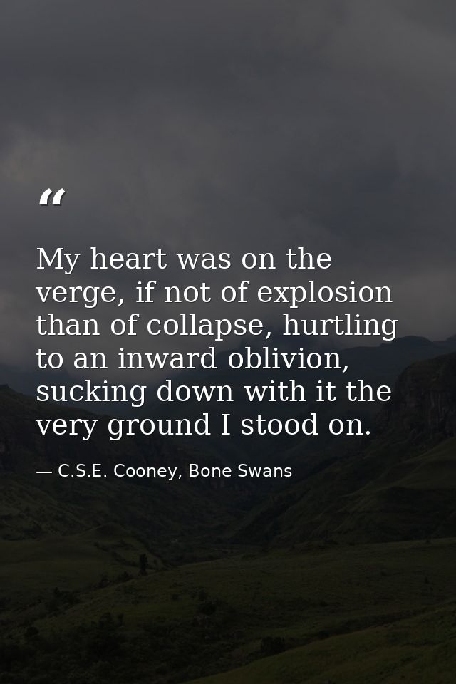 My heart was on the verge, if not of explosion than of collapse, hurtling to an inward oblivion, sucking down with it th — C.S.E. Cooney, Bone Swans
