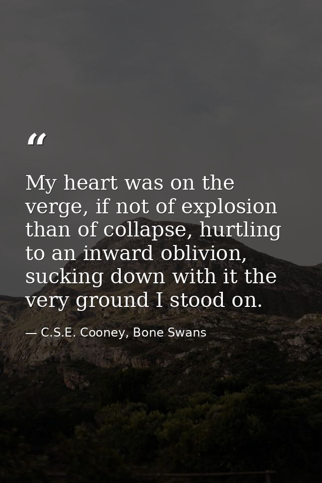 My heart was on the verge, if not of explosion than of collapse, hurtling to an inward oblivion, sucking down with it th — C.S.E. Cooney, Bone Swans