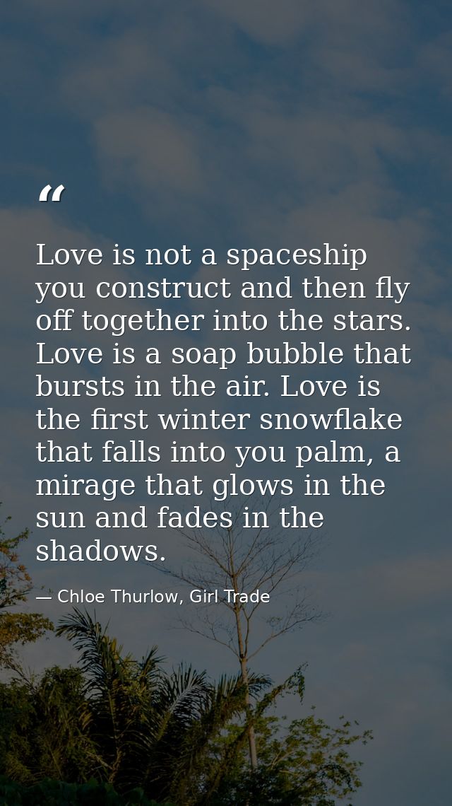 Love is not a spaceship you construct and then fly off together into the stars. Love is a soap bubble that bursts in the — Chloe Thurlow, Girl Trade