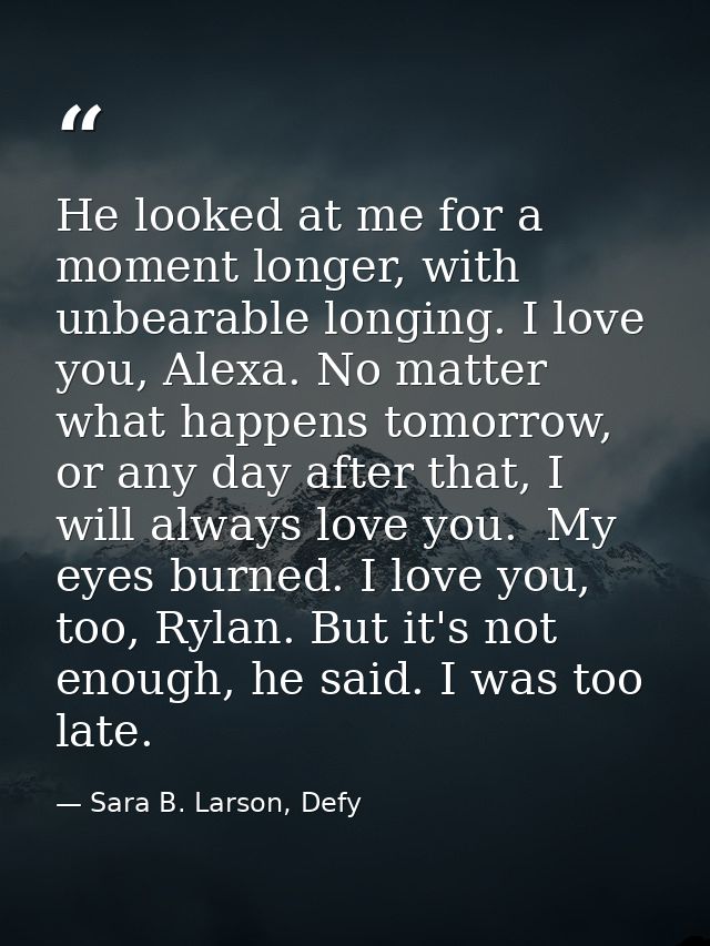 He looked at me for a moment longer, with unbearable longing. I love you, Alexa. No matter what happens tomorrow, or any — Sara B. Larson, Defy