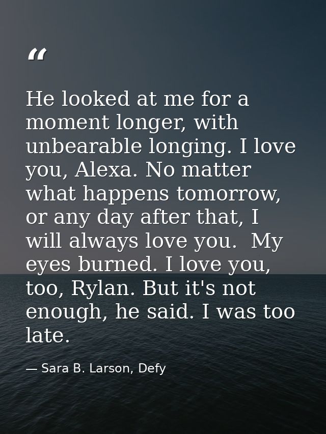 He looked at me for a moment longer, with unbearable longing. I love you, Alexa. No matter what happens tomorrow, or any — Sara B. Larson, Defy