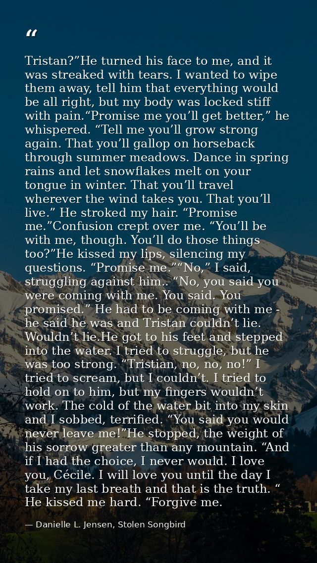 Tristan?”He turned his face to me, and it was streaked with tears. I wanted to wipe them away, tell him that everything  — Danielle L. Jensen, Stolen Songbird