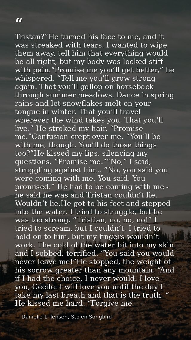 Tristan?”He turned his face to me, and it was streaked with tears. I wanted to wipe them away, tell him that everything  — Danielle L. Jensen, Stolen Songbird