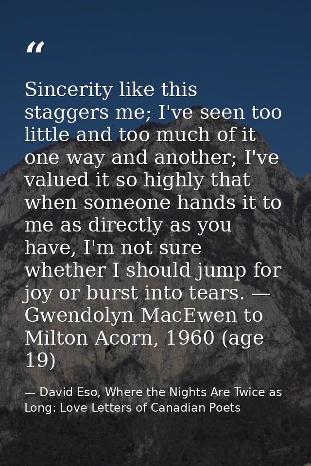 Sincerity like this staggers me; I've seen too little and too much of it one way and another; I've valued it so highly t — David Eso, Where the Nights Are Twice as Long: Love Letters of Canadian Poets