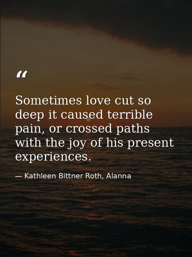 Sometimes love cut so deep it caused terrible pain, or crossed paths with the joy of his present experiences. — Kathleen Bittner Roth, Alanna