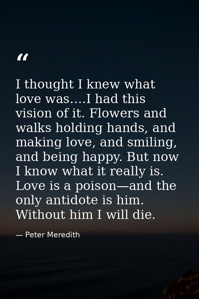 I thought I knew what love was….I had this vision of it. Flowers and walks holding hands, and making love, and smiling,  — Peter Meredith
