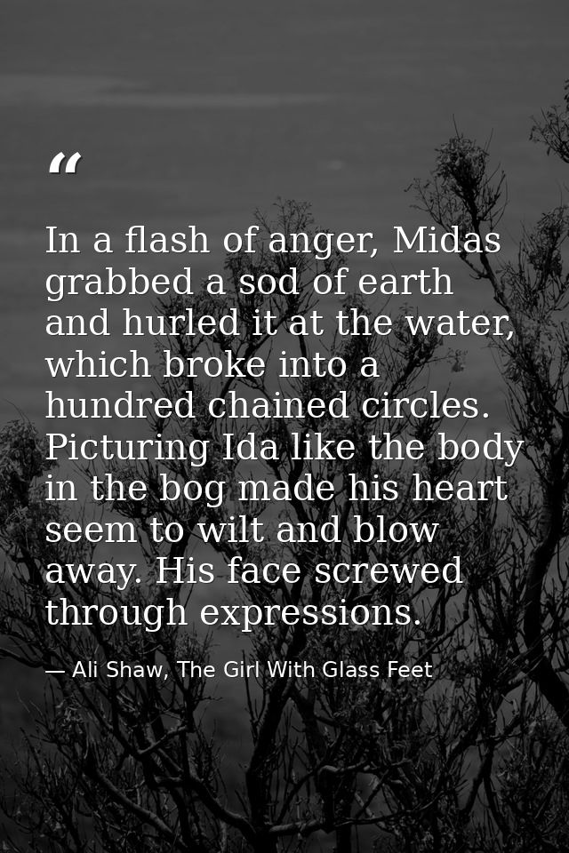 In a flash of anger, Midas grabbed a sod of earth and hurled it at the water, which broke into a hundred chained circles — Ali Shaw, The Girl With Glass Feet
