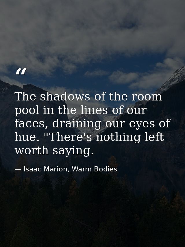 The shadows of the room pool in the lines of our faces, draining our eyes of hue. "There's nothing left worth saying. — Isaac Marion, Warm Bodies