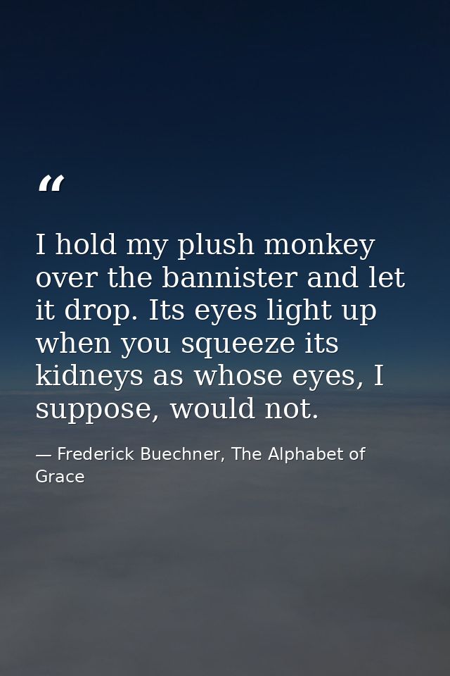 I hold my plush monkey over the bannister and let it drop. Its eyes light up when you squeeze its kidneys as whose eyes, — Frederick Buechner, The Alphabet of Grace