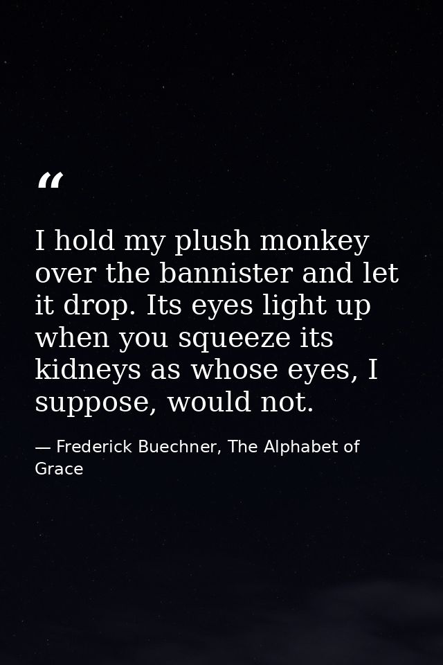 I hold my plush monkey over the bannister and let it drop. Its eyes light up when you squeeze its kidneys as whose eyes, — Frederick Buechner, The Alphabet of Grace