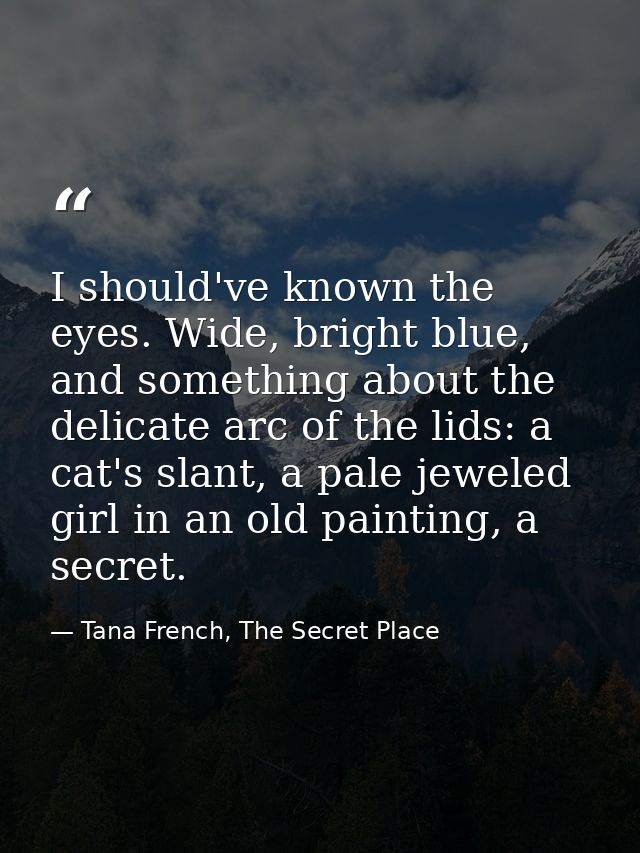 I should've known the eyes. Wide, bright blue, and something about the delicate arc of the lids: a cat's slant, a pale j — Tana French, The Secret Place