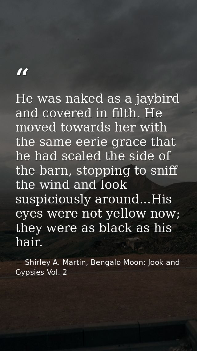 He was naked as a jaybird and covered in filth. He moved towards her with the same eerie grace that he had scaled the si — Shirley A. Martin, Bengalo Moon: Jook and Gypsies Vol. 2