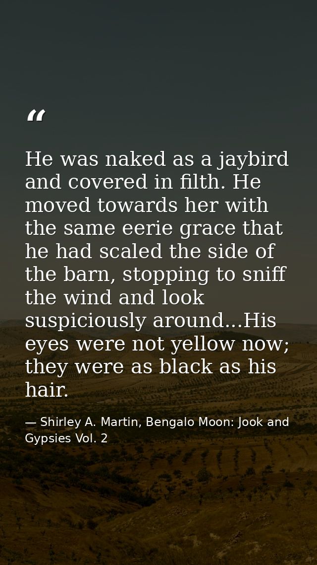He was naked as a jaybird and covered in filth. He moved towards her with the same eerie grace that he had scaled the si — Shirley A. Martin, Bengalo Moon: Jook and Gypsies Vol. 2