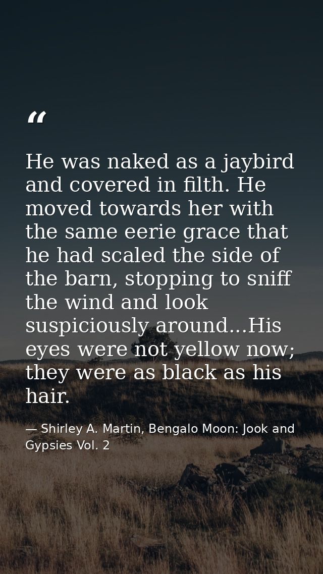 He was naked as a jaybird and covered in filth. He moved towards her with the same eerie grace that he had scaled the si — Shirley A. Martin, Bengalo Moon: Jook and Gypsies Vol. 2