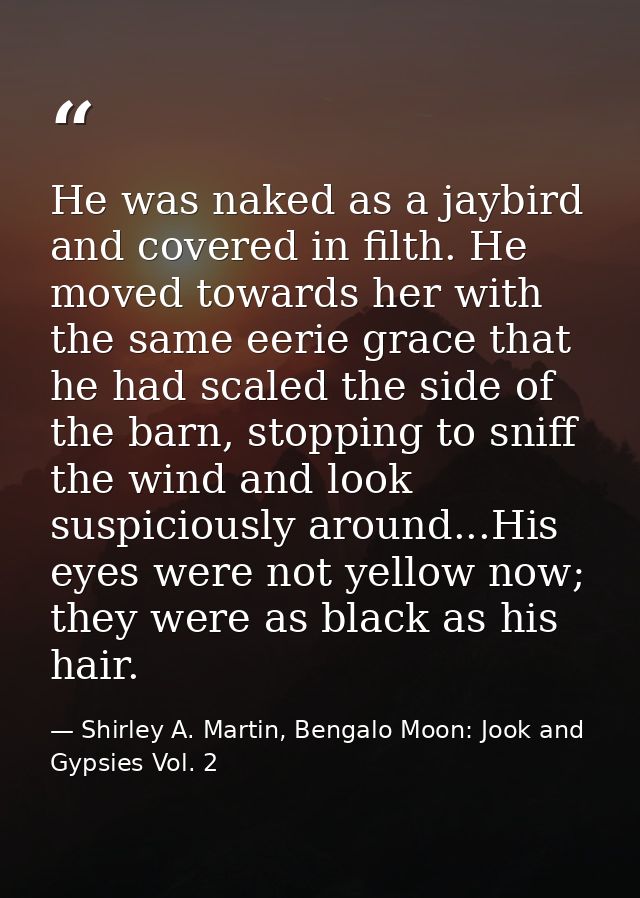 He was naked as a jaybird and covered in filth. He moved towards her with the same eerie grace that he had scaled the si — Shirley A. Martin, Bengalo Moon: Jook and Gypsies Vol. 2