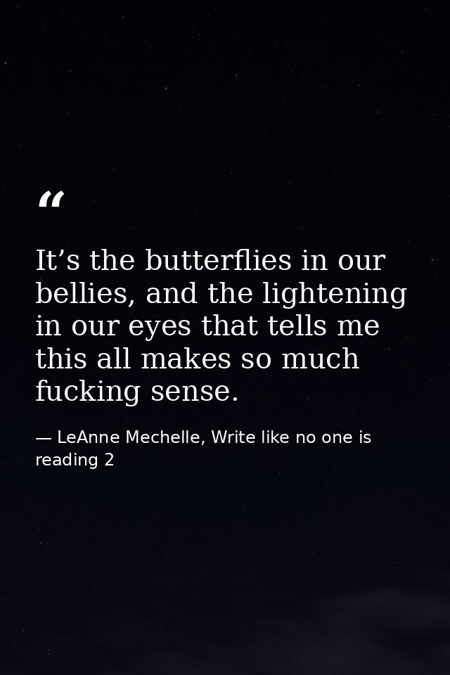 It’s the butterflies in our bellies, and the lightening in our eyes that tells me this all makes so much fucking sense. — LeAnne Mechelle, Write like no one is reading 2