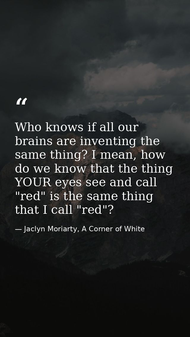 Who knows if all our brains are inventing the same thing? I mean, how do we know that the thing YOUR eyes see and call " — Jaclyn Moriarty, A Corner of White