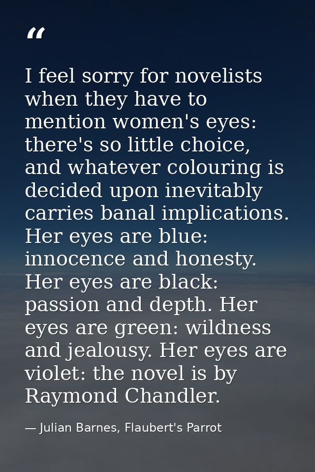 I feel sorry for novelists when they have to mention women's eyes: there's so little choice, and whatever colouring is d — Julian Barnes, Flaubert's Parrot