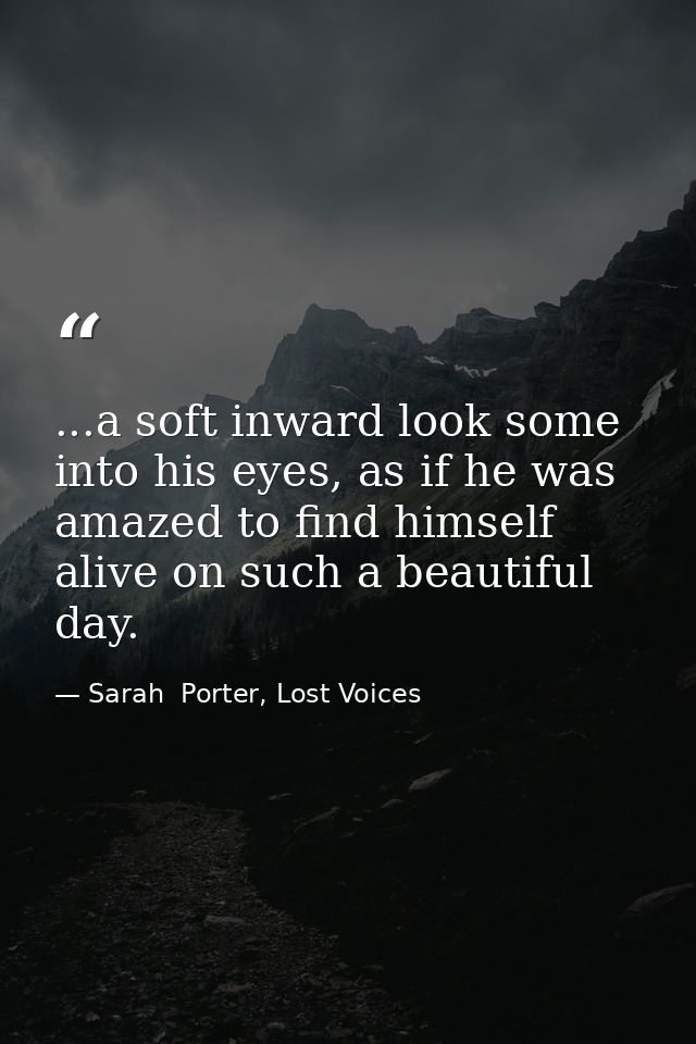 ...a soft inward look some into his eyes, as if he was amazed to find himself alive on such a beautiful day. — Sarah  Porter, Lost Voices