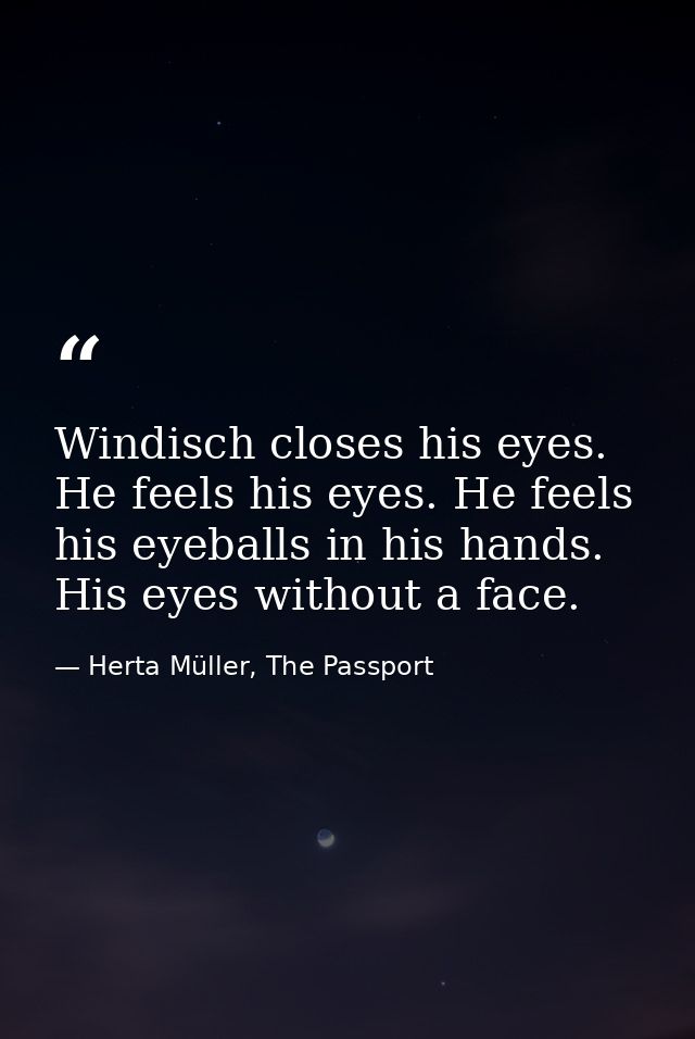 Windisch closes his eyes. He feels his eyes. He feels his eyeballs in his hands. His eyes without a face. — Herta Müller, The Passport