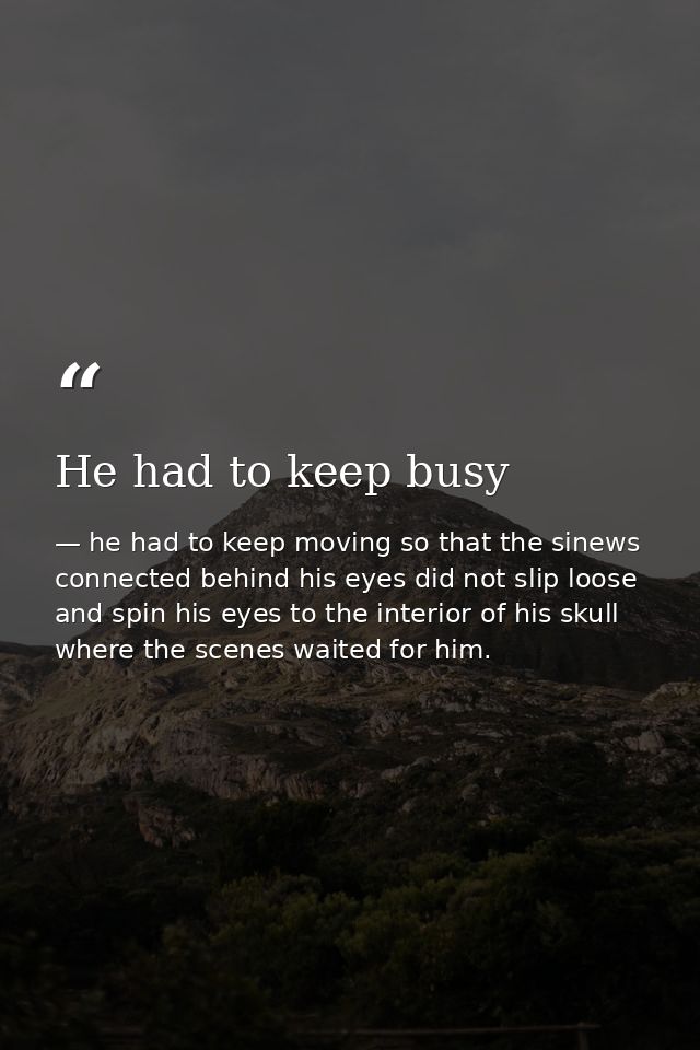 He had to keep busy — he had to keep moving so that the sinews connected behind his eyes did not slip loose and spin his eyes to the interior of his skull where the scenes waited for him.