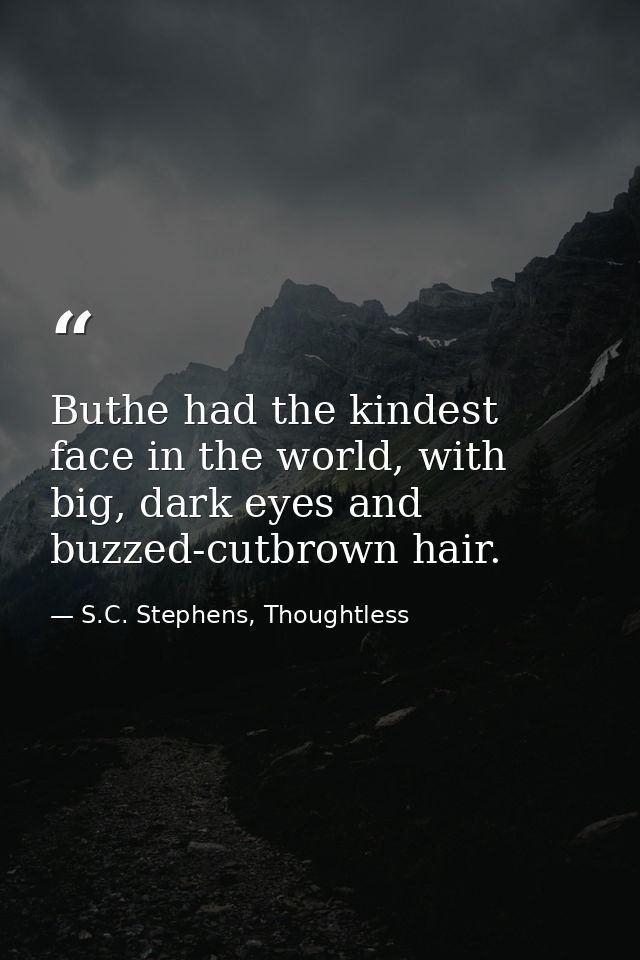 Buthe had the kindest face in the world, with big, dark eyes and buzzed-cutbrown hair. — S.C. Stephens, Thoughtless