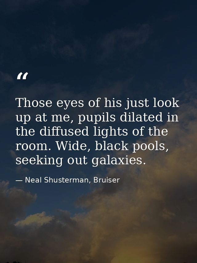 Those eyes of his just look up at me, pupils dilated in the diffused lights of the room. Wide, black pools, seeking out  — Neal Shusterman, Bruiser